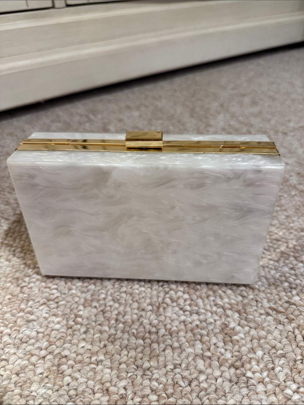 Pearlescent White Acrylic Box Clutch with Gold Accent